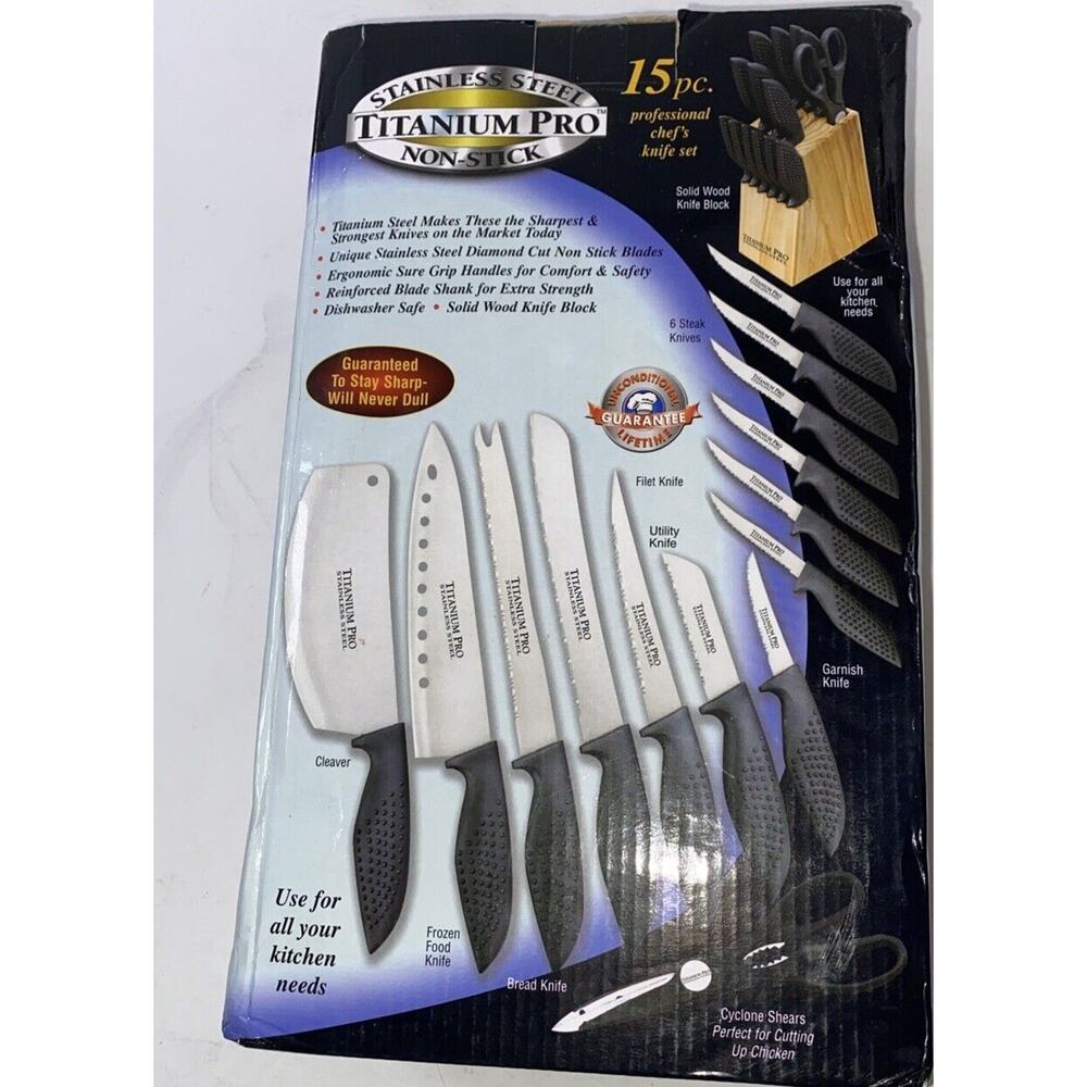 Titanium Professional Knives Set of 15 with Knife Block Wooden Storage Holder